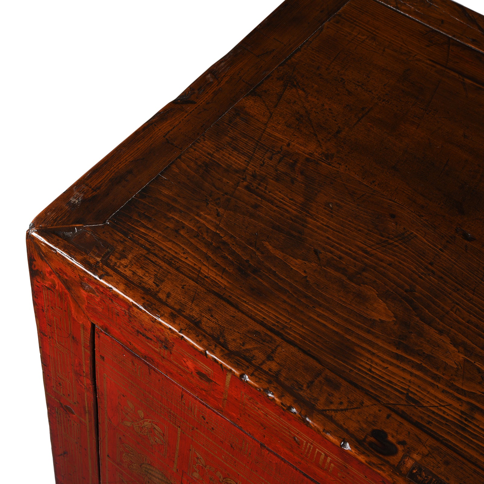 Top Detail From Red Lacquer Chinese Sideboard From Dongbei - Ca 1920 | INDIGO ANTIQUES