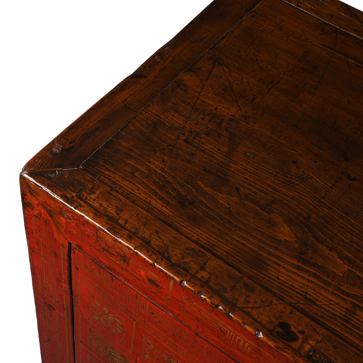 Top Detail From Red Lacquer Chinese Sideboard From Dongbei - Ca 1920 | INDIGO ANTIQUES
