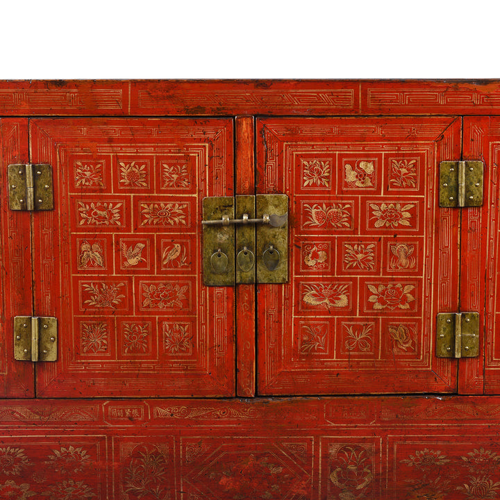 Doors Paintwork Detail From Antique Red Lacquer Chinese Sideboard From Dongbei - Ca 1920 | INDIGO ANTIQUES