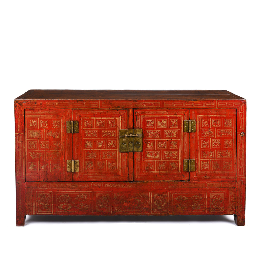 Red Lacquer Chinese Sideboard From Dongbei - Ca 1920