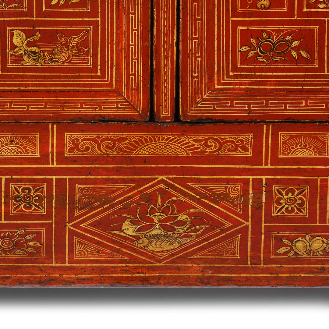 Paintwork Detail From Antique Red Lacquer Chinese Sideboard From Dongbei - Ca 1920 | INDIGO ANTIQUES