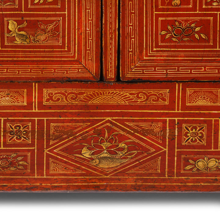 Paintwork Detail From Antique Red Lacquer Chinese Sideboard From Dongbei - Ca 1920 | INDIGO ANTIQUES