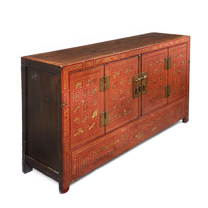 Angled View Of Antique Red Lacquer Chinese Sideboard From Dongbei - Ca 1920 | INDIGO ANTIQUES