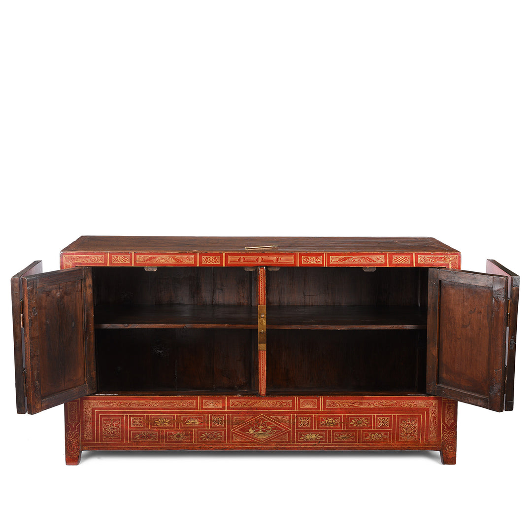 Open Doors View Of Antique Red Lacquer Chinese Sideboard From Dongbei - Ca 1920 | INDIGO ANTIQUES