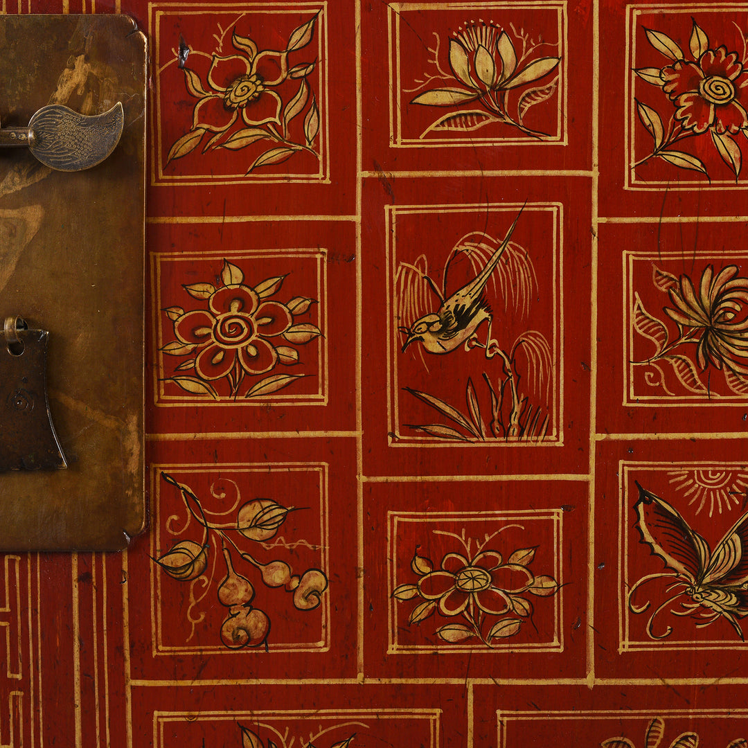Paintwork Detail From Red Lacquer Chinese Sideboard From Dongbei - Ca 1920 | INDIGO ANTIQUES