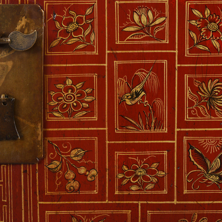 Paintwork Detail From Red Lacquer Chinese Sideboard From Dongbei - Ca 1920 | INDIGO ANTIQUES