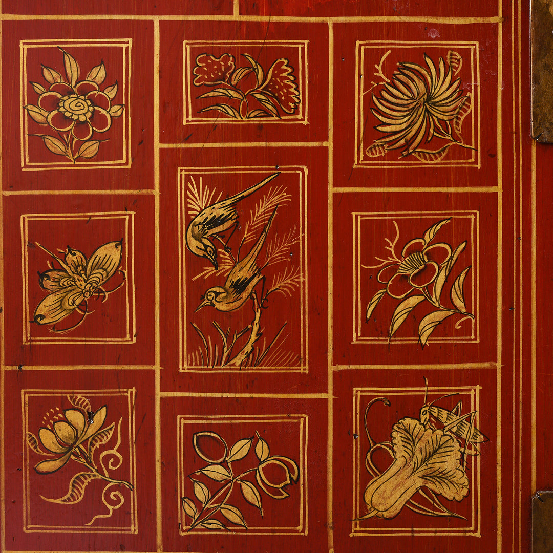 Paintwork Detail From Red Lacquer Chinese Sideboard From Dongbei - Ca 1920 | INDIGO ANTIQUES