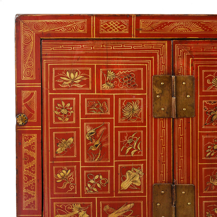 Corner Detail From Antique Red Lacquer Chinese Sideboard From Dongbei - Ca 1920 | INDIGO ANTIQUES