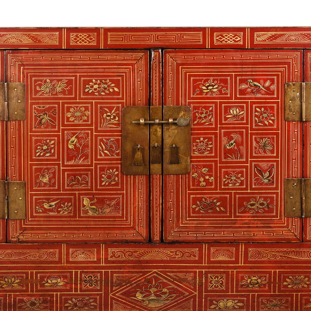 Doors Detail From Antique Red Lacquer Chinese Sideboard From Dongbei - Ca 1920 | INDIGO ANTIQUES