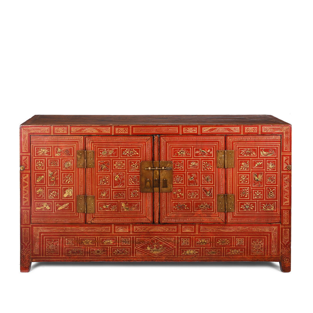 Antique Red Lacquer Chinese Sideboard From Dongbei - Ca 1920 | INDIGO ANTIQUES