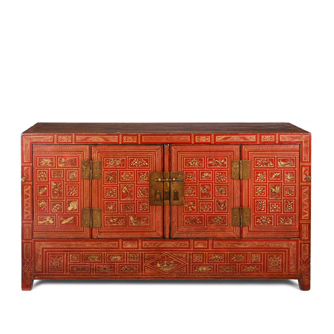 Red Lacquer Chinese Sideboard From Dongbei - Ca 1920