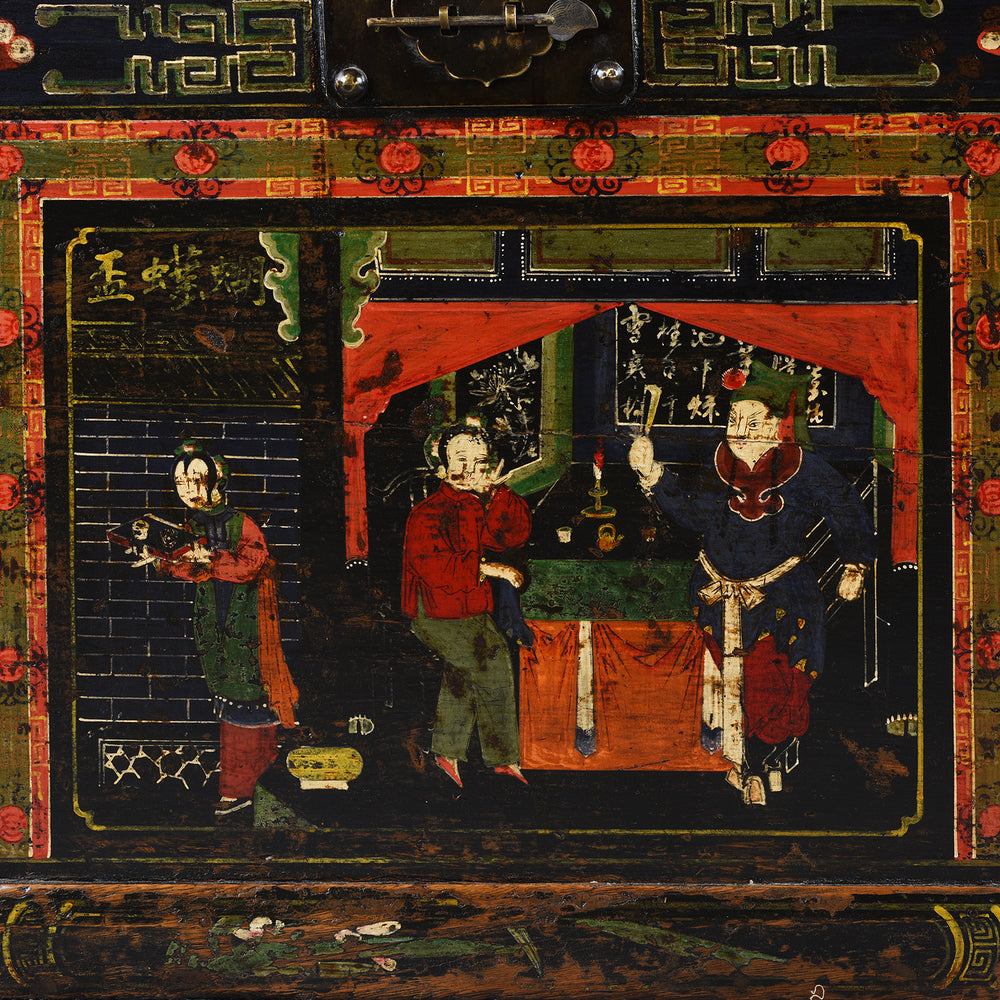 Front Detail From Antique Painted Elm Opera Chest From Shanxi Province - 19th Century | Indigo Antiques