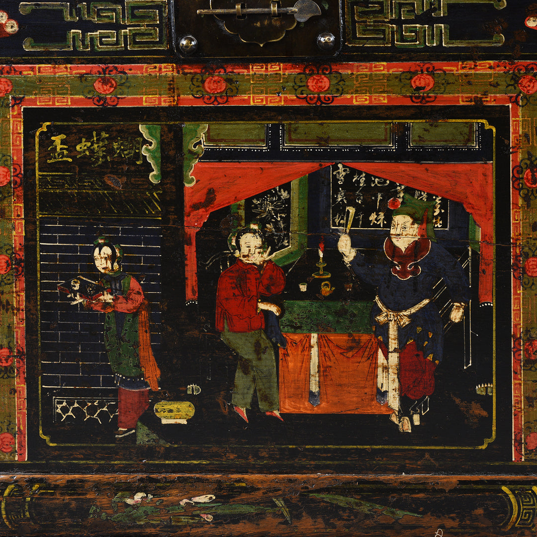 Front Detail From Antique Painted Elm Opera Chest From Shanxi Province - 19th Century | Indigo Antiques