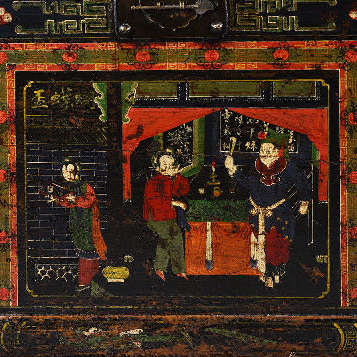 Front Detail From Antique Painted Elm Opera Chest From Shanxi Province - 19th Century | Indigo Antiques