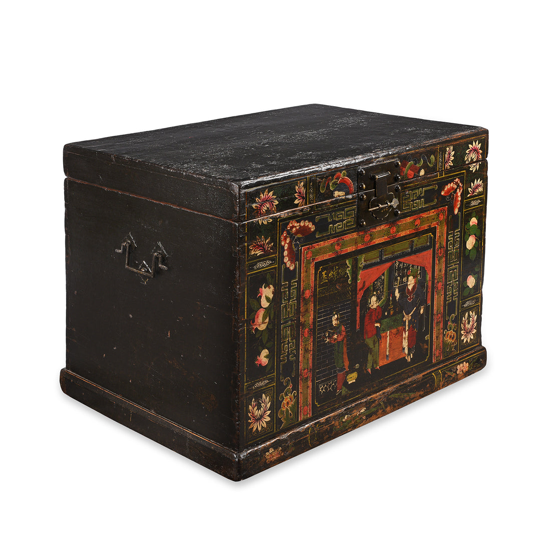 Angled View Of Antique Painted Elm Opera Chest From Shanxi Province - 19th Century | Indigo Antiques