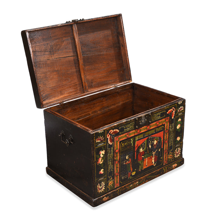 Open Lid View Of Antique Painted Elm Opera Chest From Shanxi Province - 19th Century | Indigo Antiques