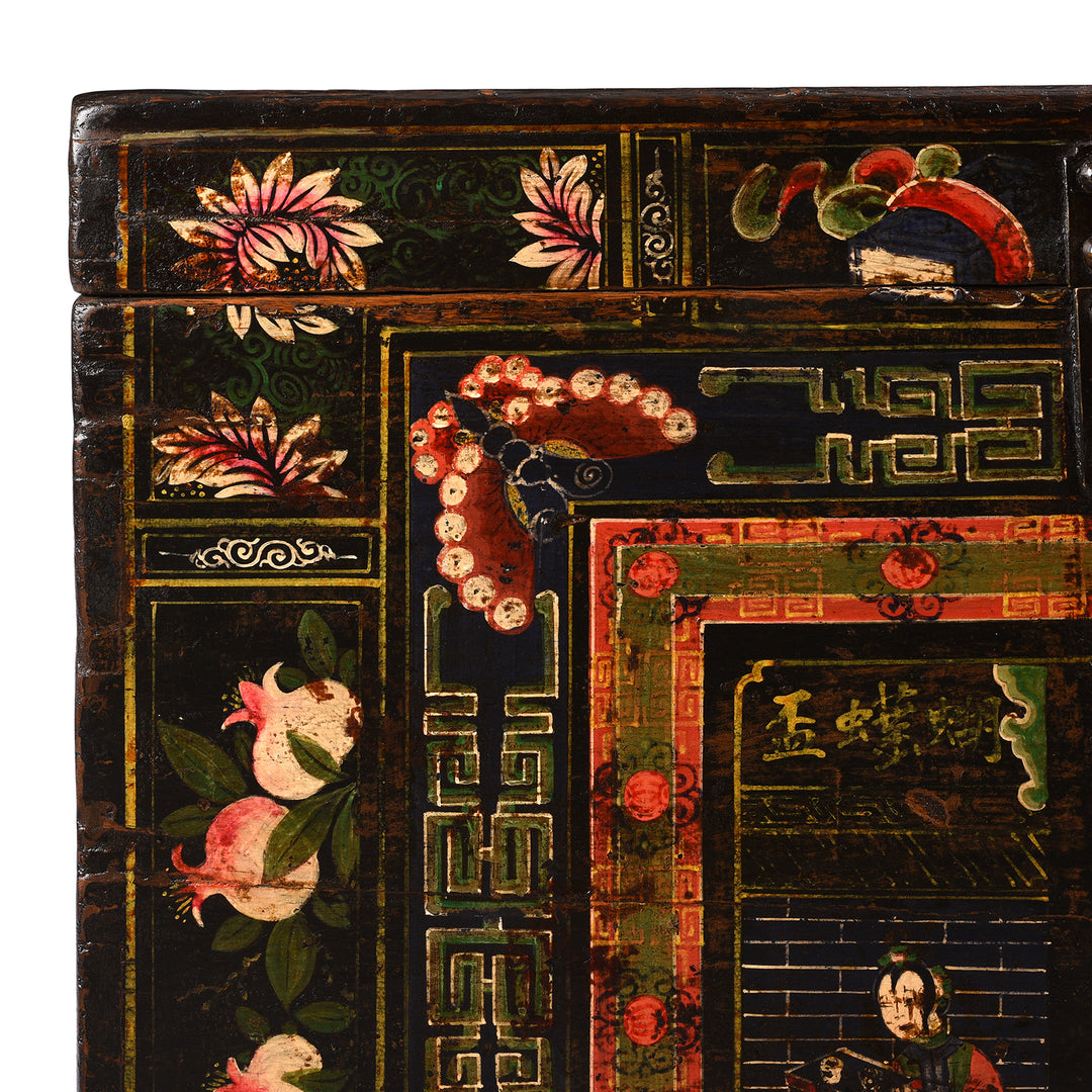 Corner Detail From Antique Painted Elm Opera Chest From Shanxi Province - 19th Century | Indigo Antiques