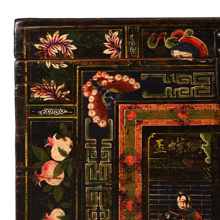 Corner Detail From Antique Painted Elm Opera Chest From Shanxi Province - 19th Century | Indigo Antiques