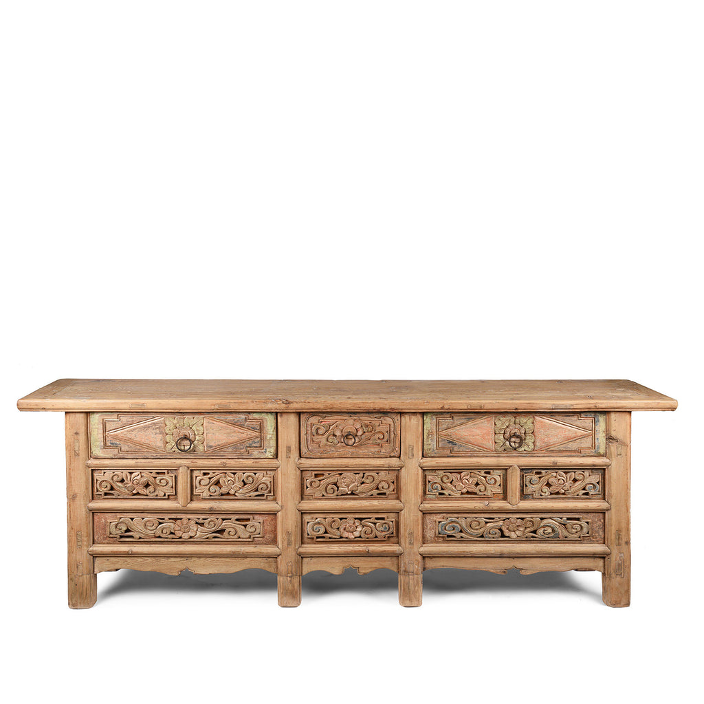 Carved Elm Coffer Sideboard From Shanxi Province - 19th Century