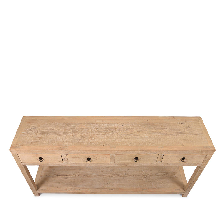 Top Down View Of 4 Drawer Console Table Made From Reclaimed Pine | Indigo Antiques