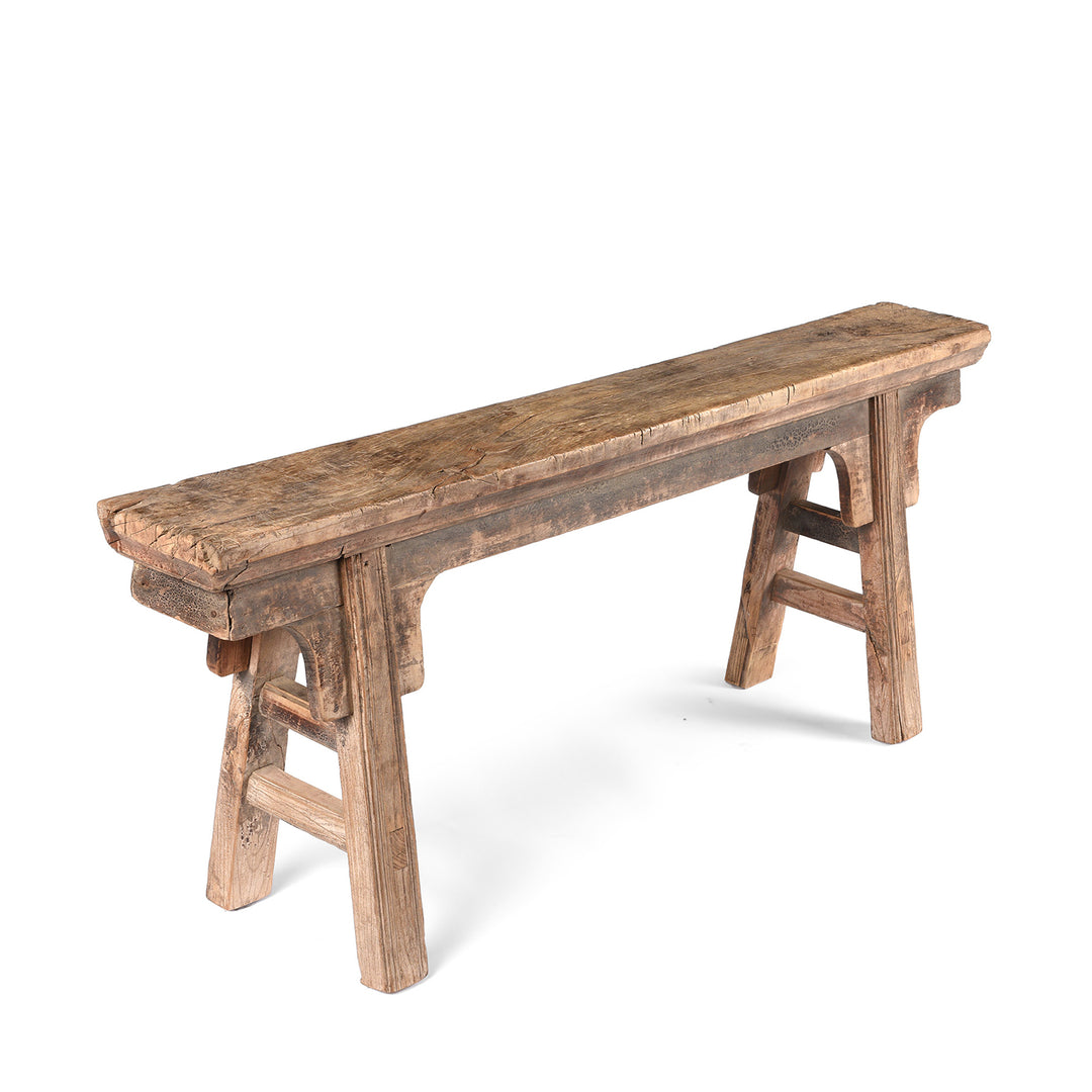 Angled View Of Antique Elm Chinese Spring Bench From Shanxi Province | Indigo Antiques