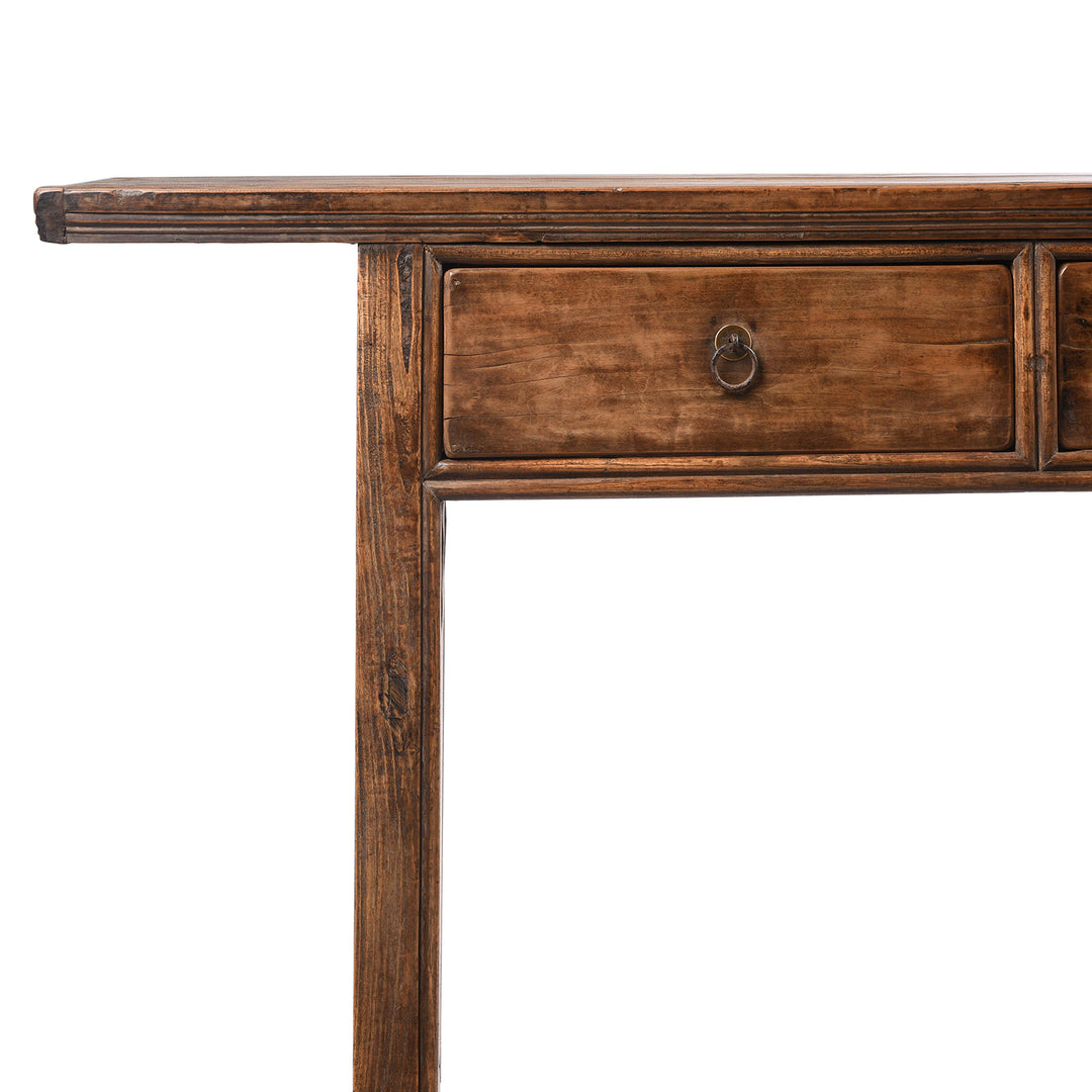 Corner Detail From Antique Antique Three Drawer Console Table From Shandong - 19th Century | Indigo Antiques