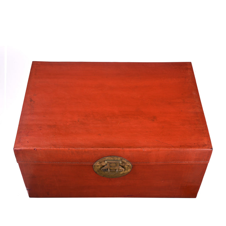 Top Down View Of Antique Red Leather Lacquer Trunk From Shanghai - Early 20th Century | Indigo Antiques
