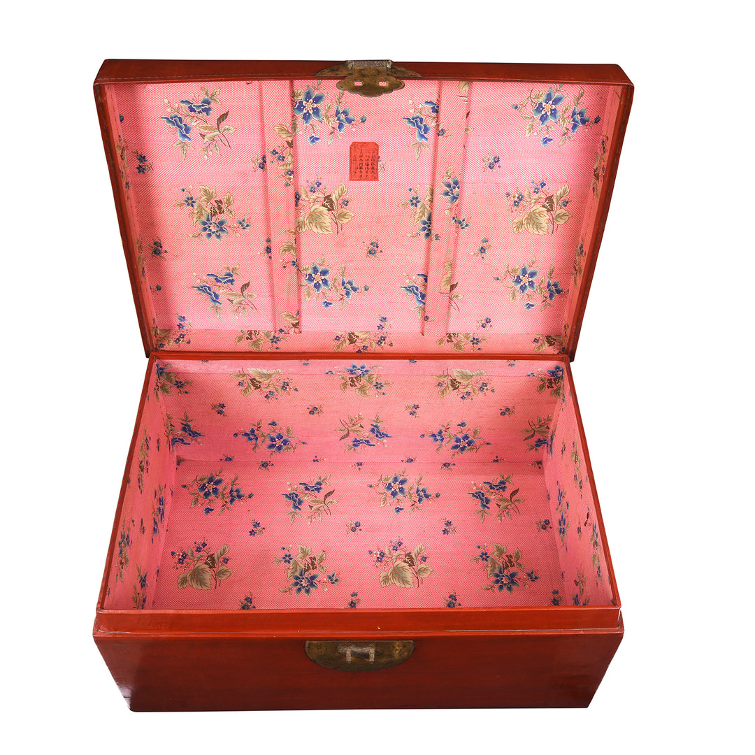 Interior Of Antique Red Leather Lacquer Trunk From Shanghai - Early 20th Century | Indigo Antiques