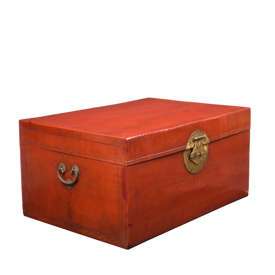 Angled View Of Antique Red Leather Lacquer Trunk From Shanghai - Early 20th Century | Indigo Antiques