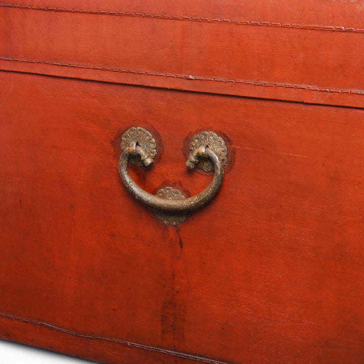 Handle Detail From Antique Red Leather Lacquer Trunk From Shanghai - Early 20th Century | Indigo Antiques
