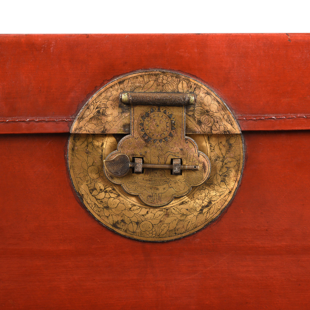 Engraving Detail From Antique Red Leather Lacquer Trunk From Shanghai - Early 20th Century | Indigo Antiques