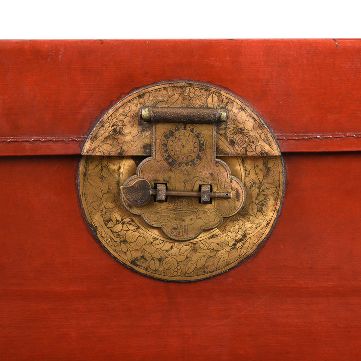 Engraving Detail From Antique Red Leather Lacquer Trunk From Shanghai - Early 20th Century | Indigo Antiques