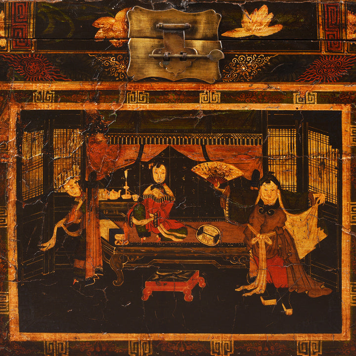 Centrail Paintwork Detail From Antique Chinese Opera Chest From Shanxi | Indigo Antiques