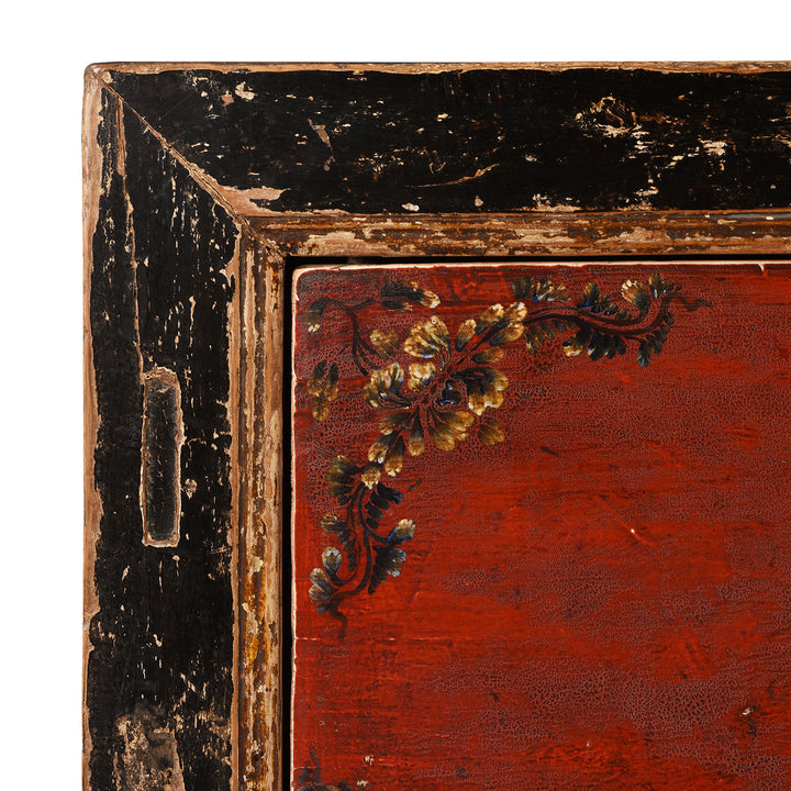 Corner Detail From Antique Painted Mongolian Grain Store Sideboard | Indigo Antiques