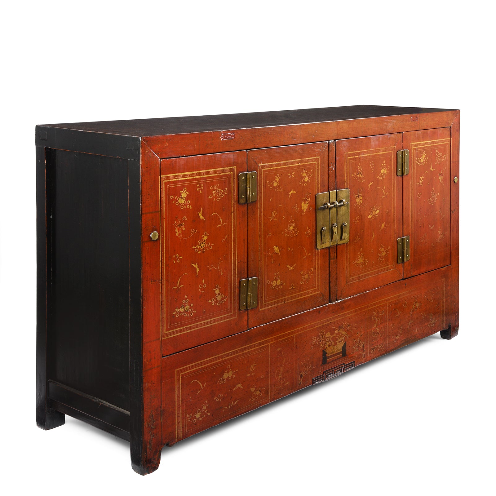 Antique Gold Painted Red Lacquer Chinese Dongbei Sideboard - Ca 1920