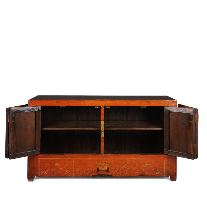 Antique Gold Painted Red Lacquer Chinese Dongbei Sideboard - Ca 1920