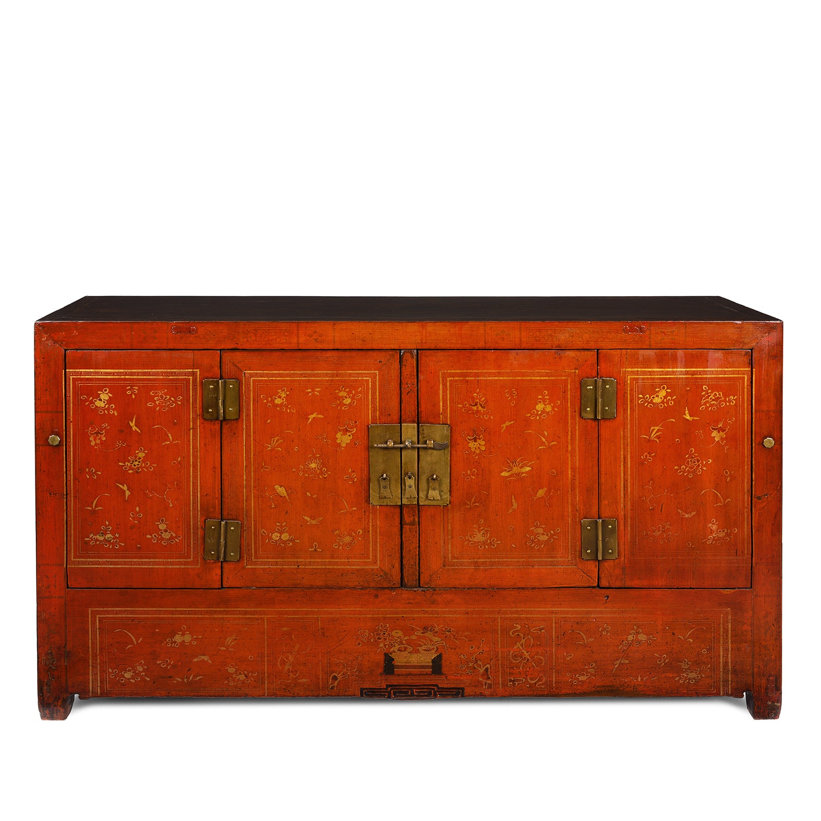 Antique Gold Painted Red Lacquer Chinese Dongbei Sideboard - Ca 1920