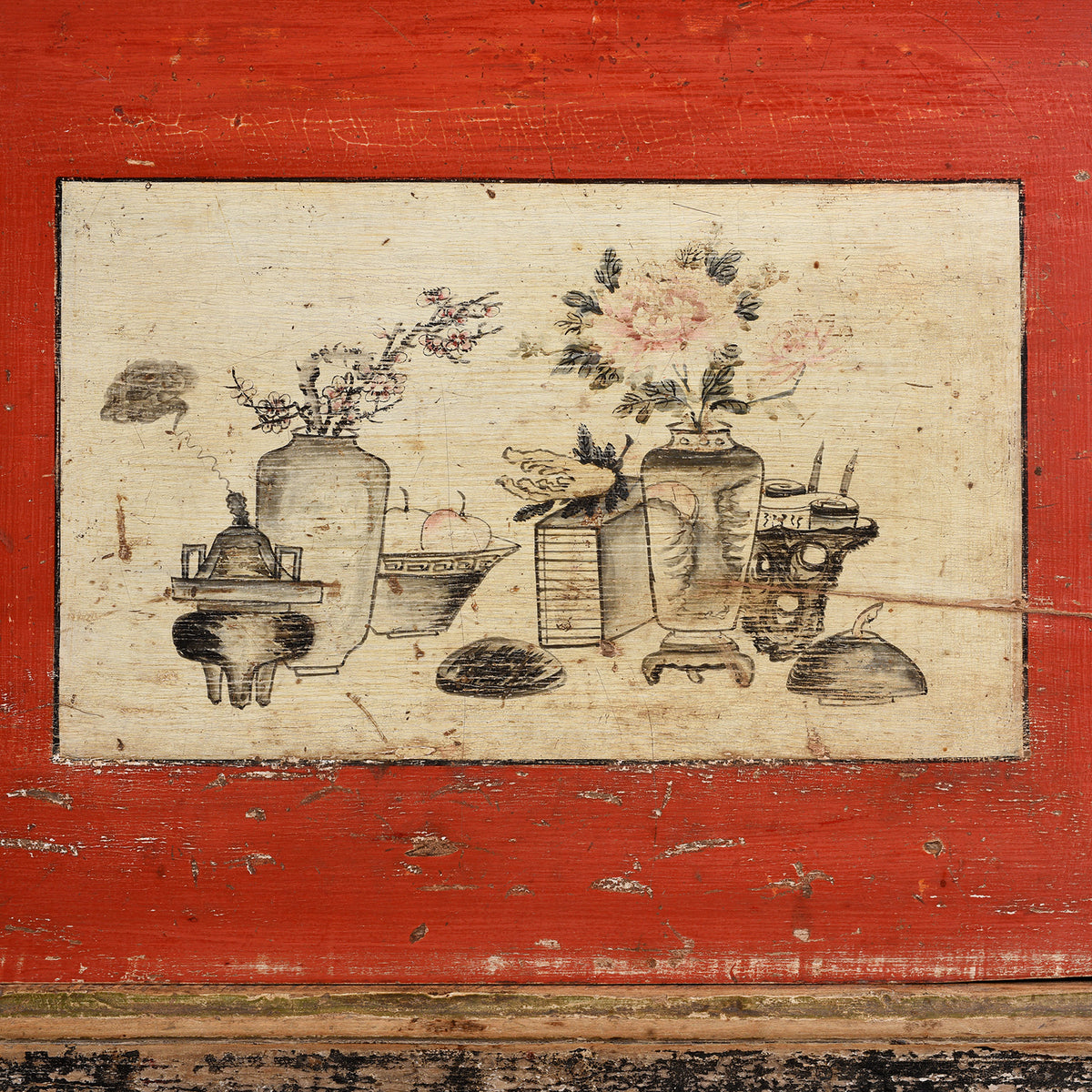 Paintwork Detail From Antique Painted Gansu Grain Store Sideboard | Indigo Antiques