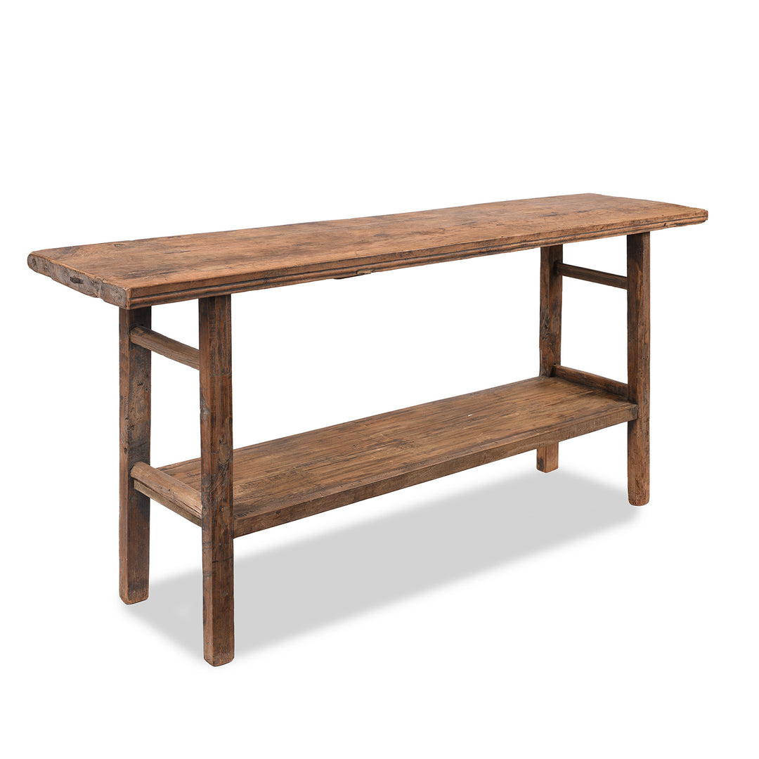 Angled View Of Antique Bleached Elm Farmhouse Console Table With Shelf | Indigo Antiques