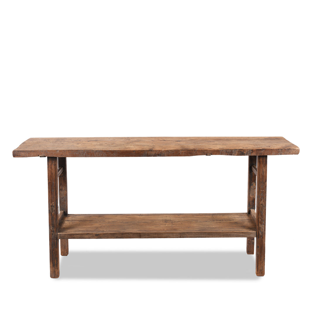 Back Of Antique Bleached Elm Farmhouse Console Table With Shelf | Indigo Antiques