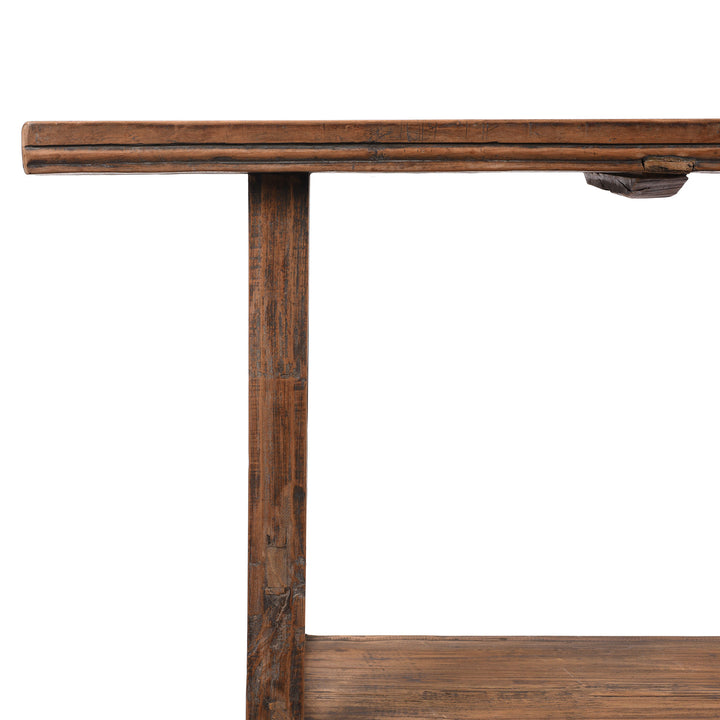 Corner Detail From Antique Bleached Elm Farmhouse Console Table With Shelf | Indigo Antiques