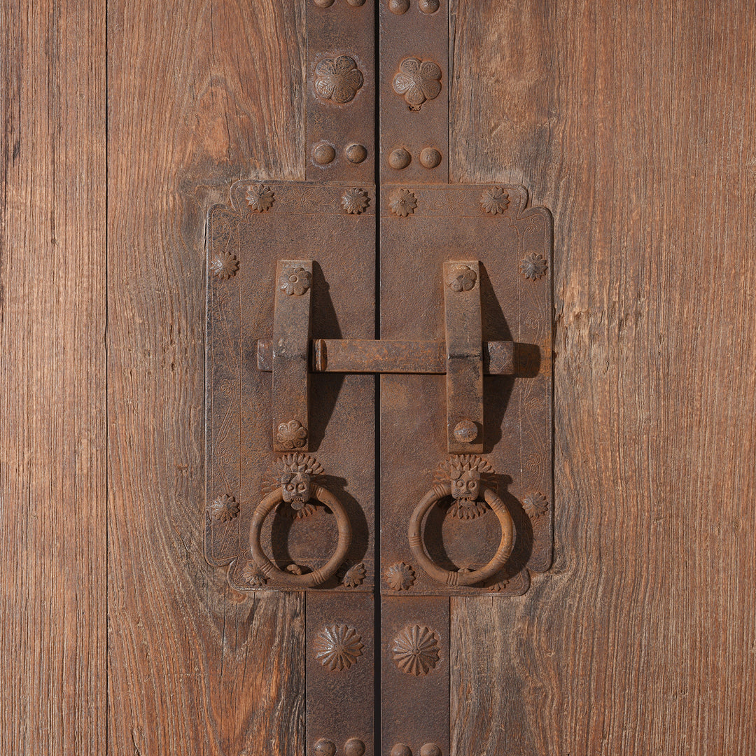 Detail of Iron Binding on an Antique Iron Chinese Bleached Elm Doors From Shanxi | Indigo Antiques