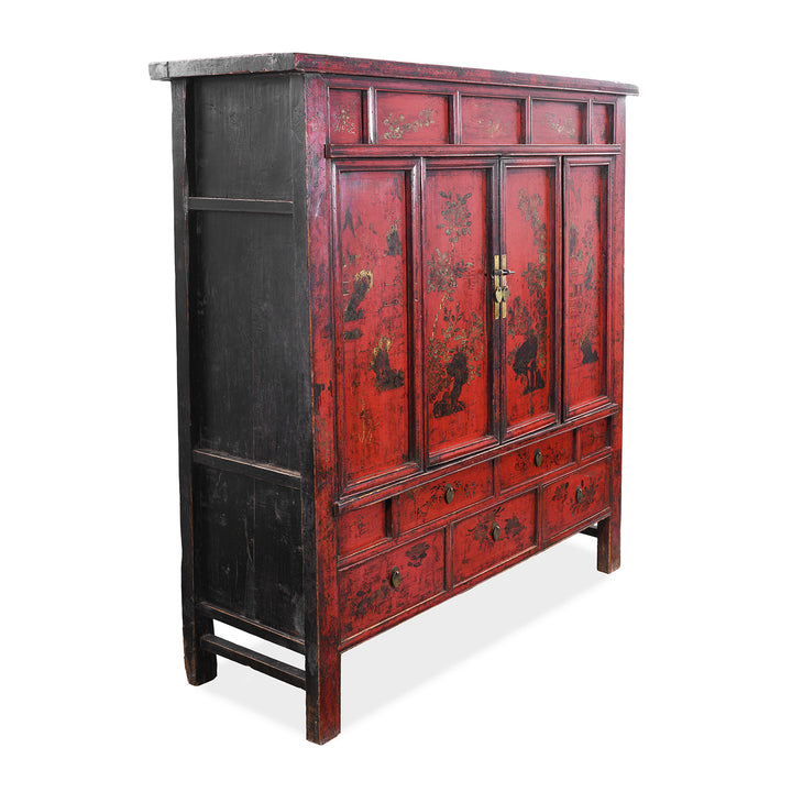 Angled View Showing Depth Of Antique Chinese Red Lacquer Wedding Cabinet | Indigo Antiques