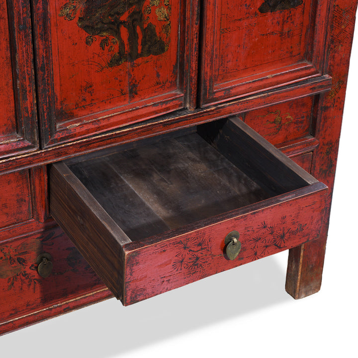 Drawer Detail From Antique Chinese Red Lacquer Wedding Cabinet | Indigo Antiques