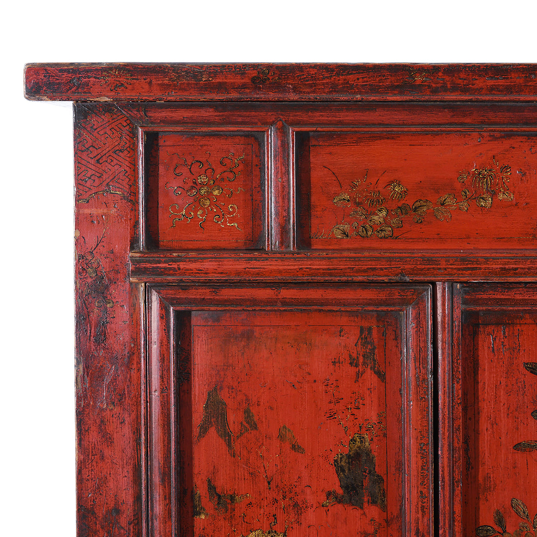Corner Detail Showing Paintwork From Antique Chinese Red Lacquer Wedding Cabinet | Indigo Antiques