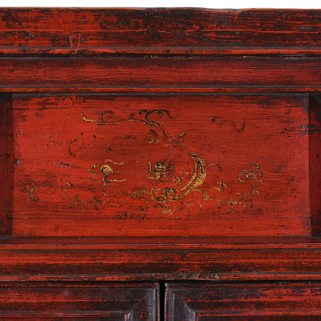 Paintwork Detail From Antique Chinese Red Lacquer Wedding Cabinet | Indigo Antiques