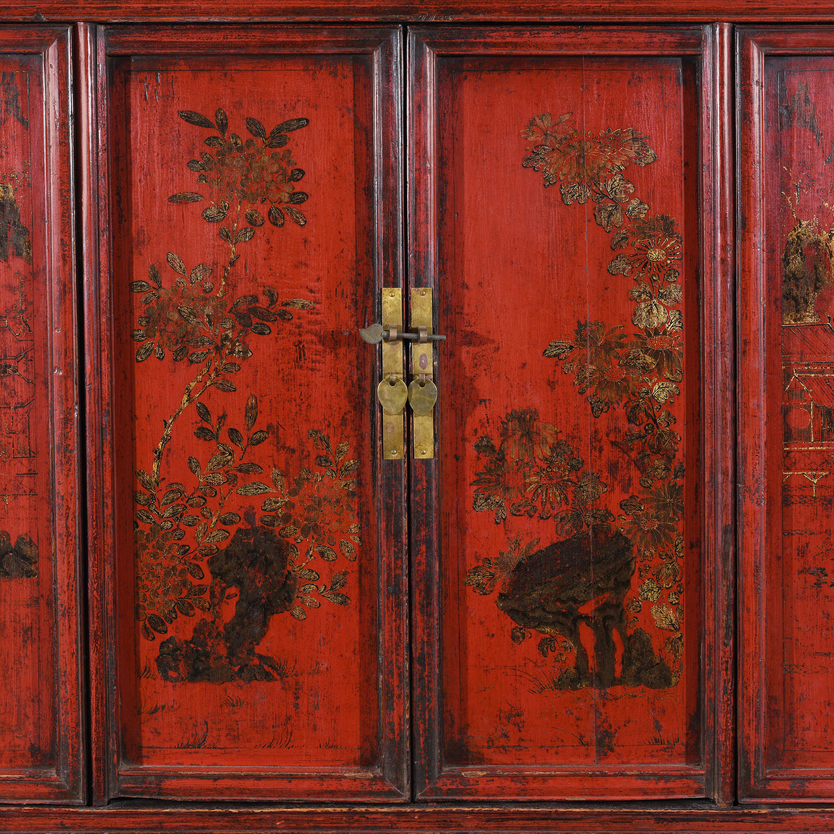 Doors Detail Showing Paintwork On Antique Chinese Red Lacquer Wedding Cabinet | Indigo Antiques