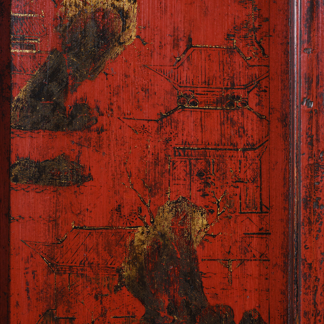 Paintwork Detail From Antique Chinese Red Lacquer Wedding Cabinet | Indigo Antiques