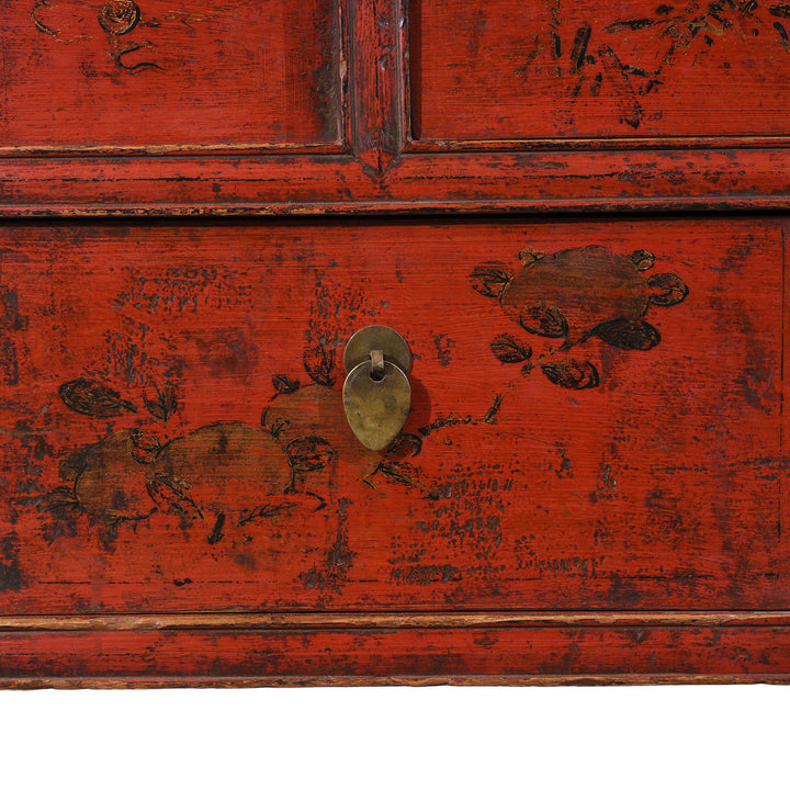 Drawer Detail Showing Paintwork On Antique Chinese Red Lacquer Wedding Cabinet | Indigo Antiques
