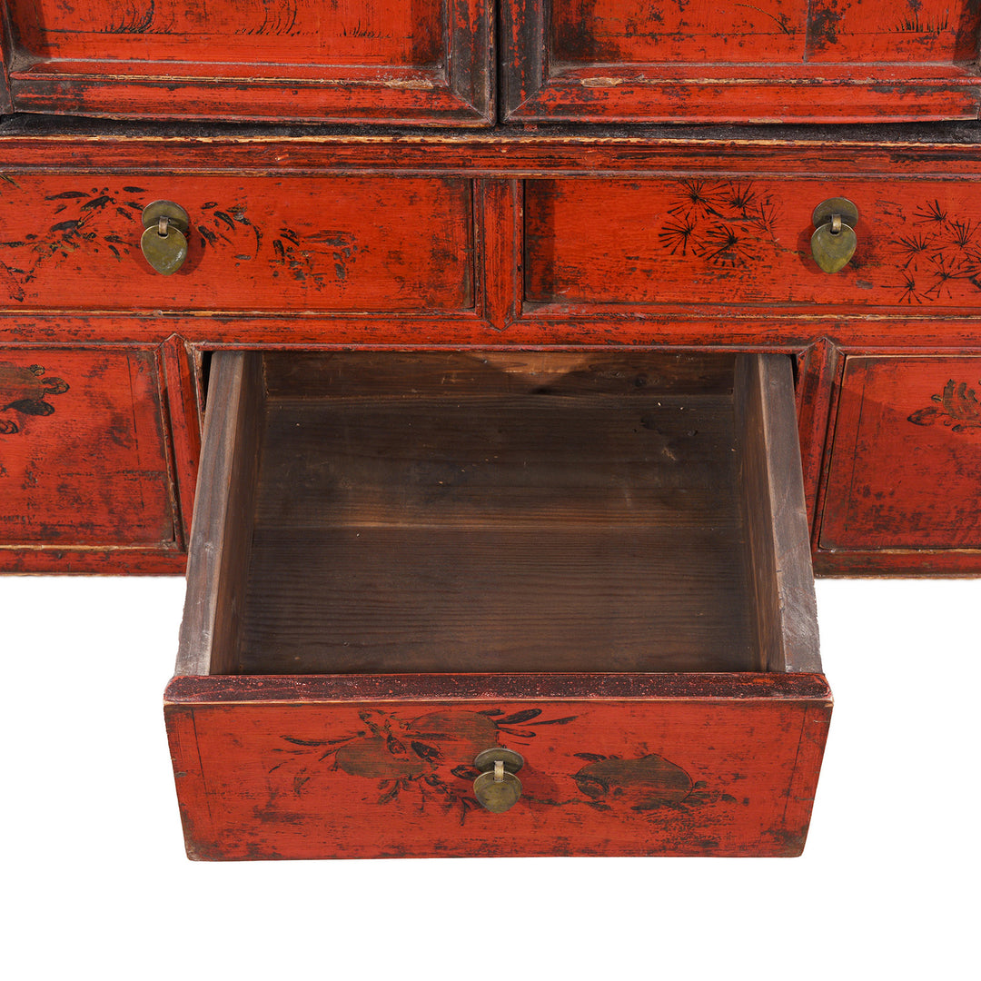 Drawer Interior Detail From Antique Chinese Red Lacquer Wedding Cabinet | Indigo Antiques